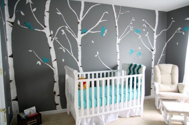 lovely-turquoise-room-baby-boy-room-pictures-ideas-for-baby-nursery-decors-with-trees-wall-sticker-decals-and-white-convertible-baby-crib-also-white-arm-chair-with-foot-rest-1256x835