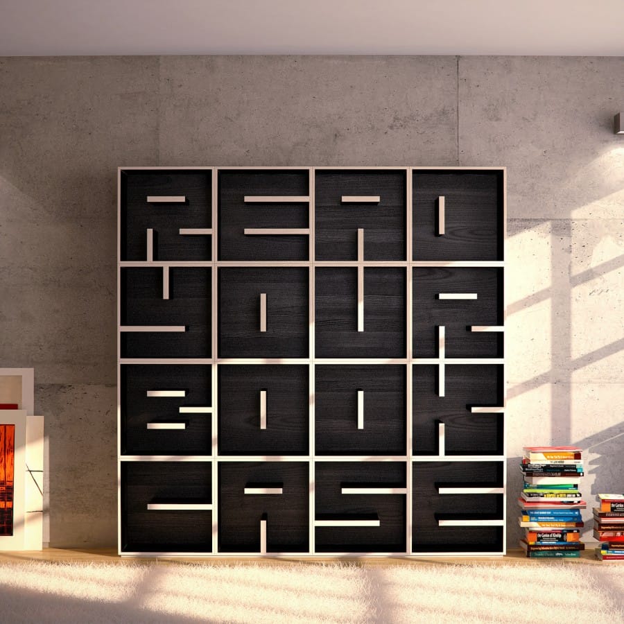 Rak buku dengan tulisan 'Read Your Book Case'