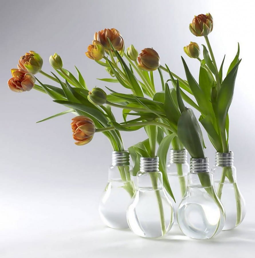 Vas bunga dari bohlam lampu ini dapat memperindah tatanan meja di ruang tamu.