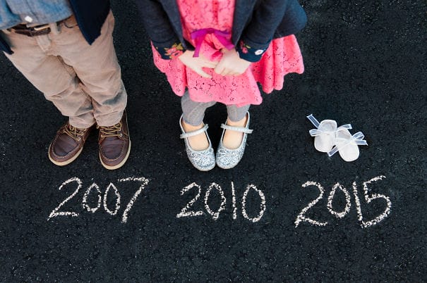 Anak-anak ini berdiri di dekat tulisan tahun. Terdapat satu tulisan tahun yang baru diisi sepatu bayi pertanda pemiliknya masih berada dalam kandungan.